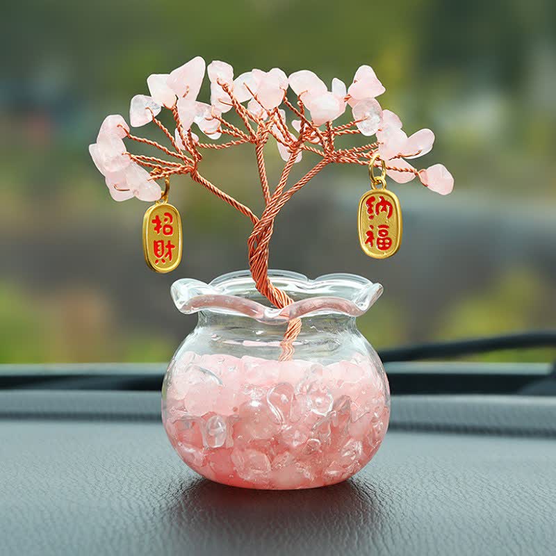 Buddha Stones Wire Wrapped Crystal Money Tree Dashboard Ornament Wealth & Fortune Symbols - Rose Quartz - Lucky Fortune - image 11