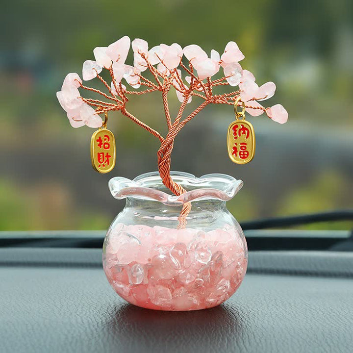 Buddha Stones Wire Wrapped Crystal Money Tree Dashboard Ornament Wealth & Fortune Symbols - Rose Quartz - Lucky Fortune - image 11