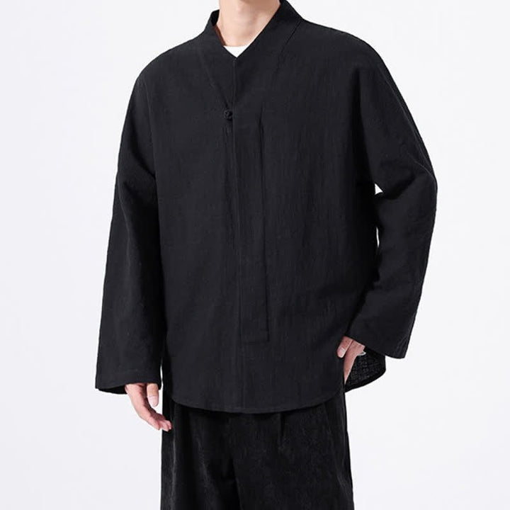 Buddha Stones Fall Minimalist Tang Style Mandarin Collar Solid Cotton Men's Long Sleeve Shirts - image 14