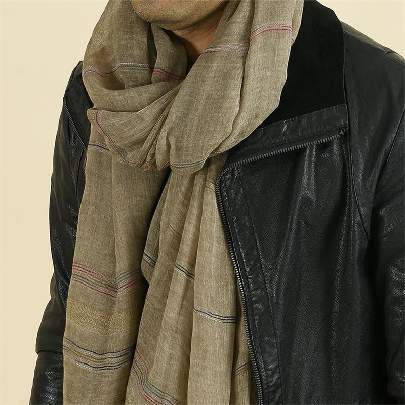 Buddha Stones Spring Fall Earth Tone Fine Stripe Frayed Tassel Men's Scarf - Tan - Approx. 35.4 in × 74.8 in / 90 × 190 cm - image 0