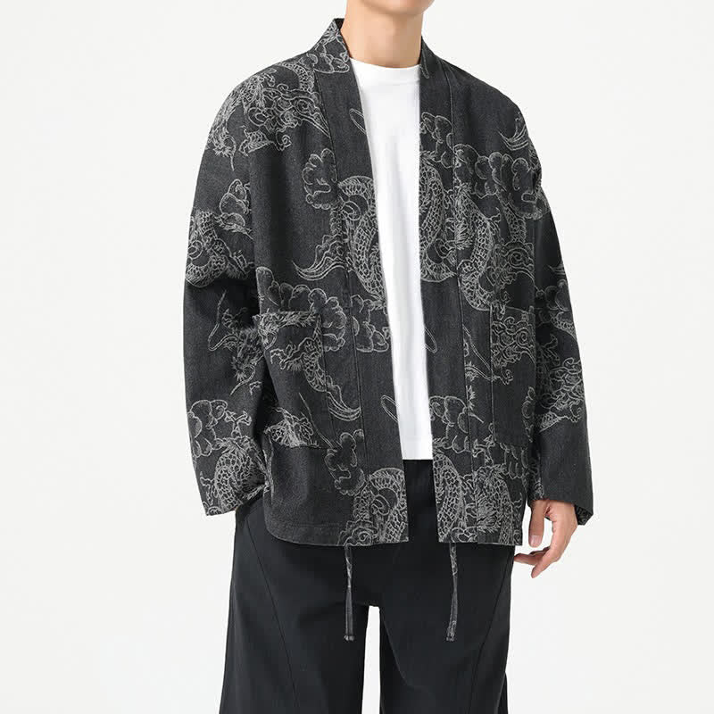 Buddha Stones Spring Vintage Drawstring Dragon Clouds Print Men's Kimono With Pockets - image 13