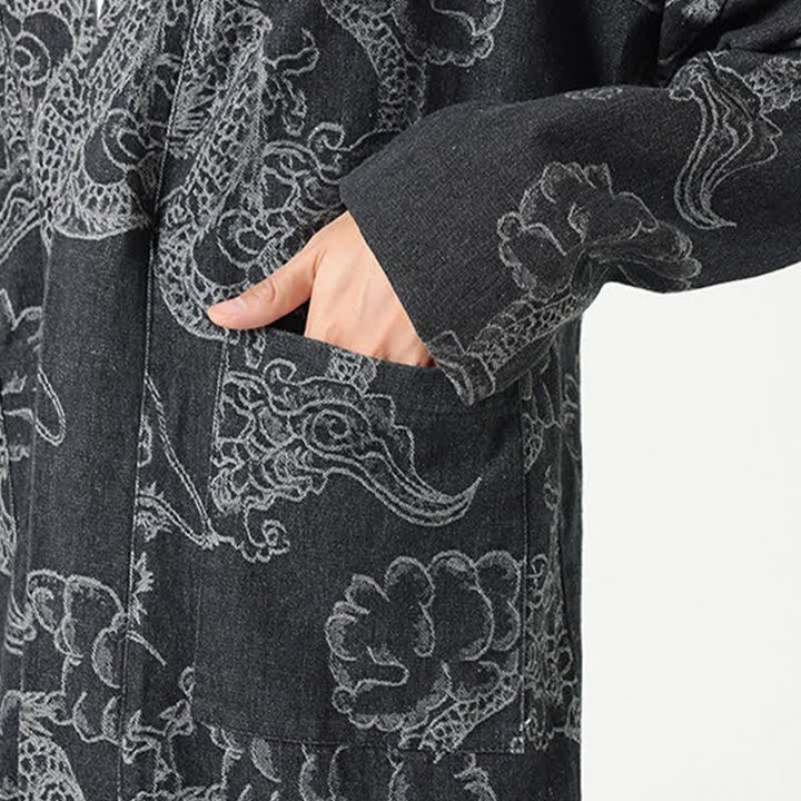 Buddha Stones Spring Vintage Drawstring Dragon Clouds Print Men's Kimono With Pockets - image 23