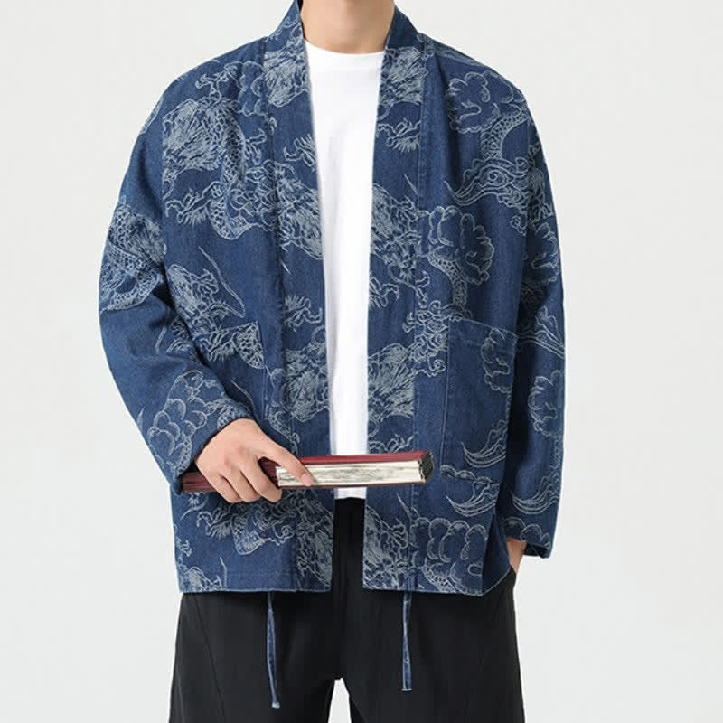 Buddha Stones Spring Vintage Drawstring Dragon Clouds Print Men's Kimono With Pockets - image 5