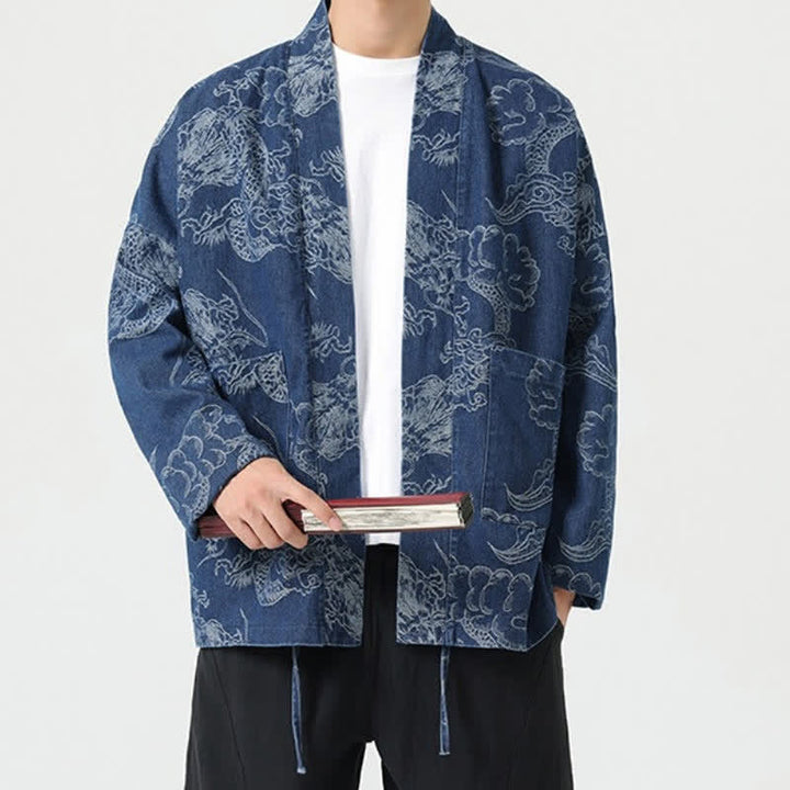 Buddha Stones Spring Vintage Drawstring Dragon Clouds Print Men's Kimono With Pockets - image 5