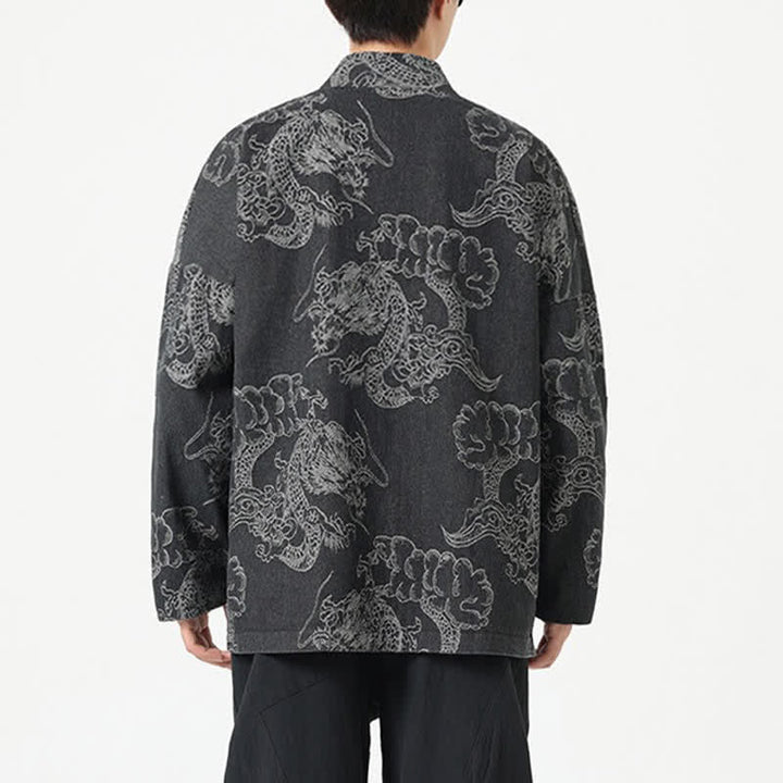 Buddha Stones Spring Vintage Drawstring Dragon Clouds Print Men's Kimono With Pockets - image 12