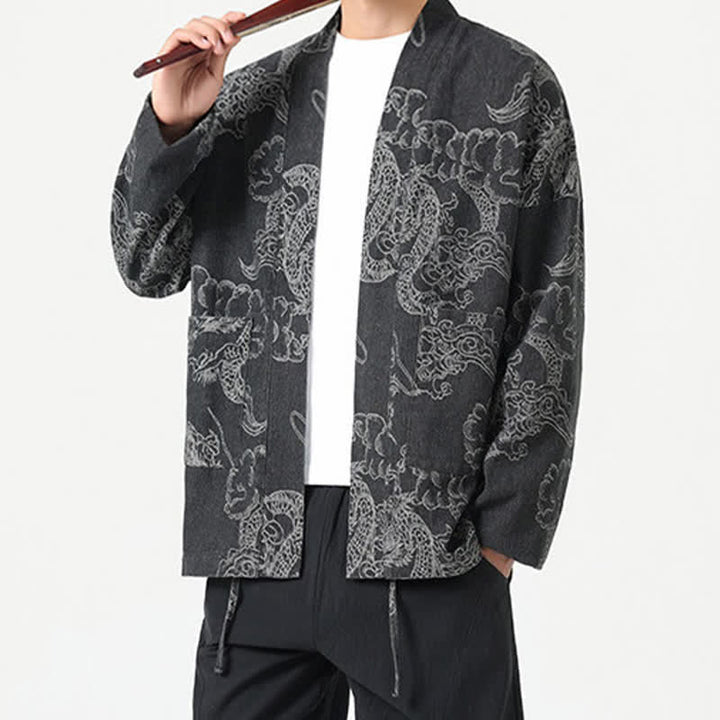 Buddha Stones Spring Vintage Drawstring Dragon Clouds Print Men's Kimono With Pockets - image 19