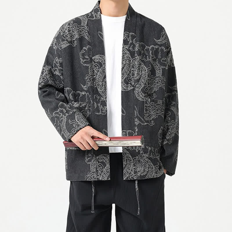Buddha Stones Spring Vintage Drawstring Dragon Clouds Print Men's Kimono With Pockets - image 9