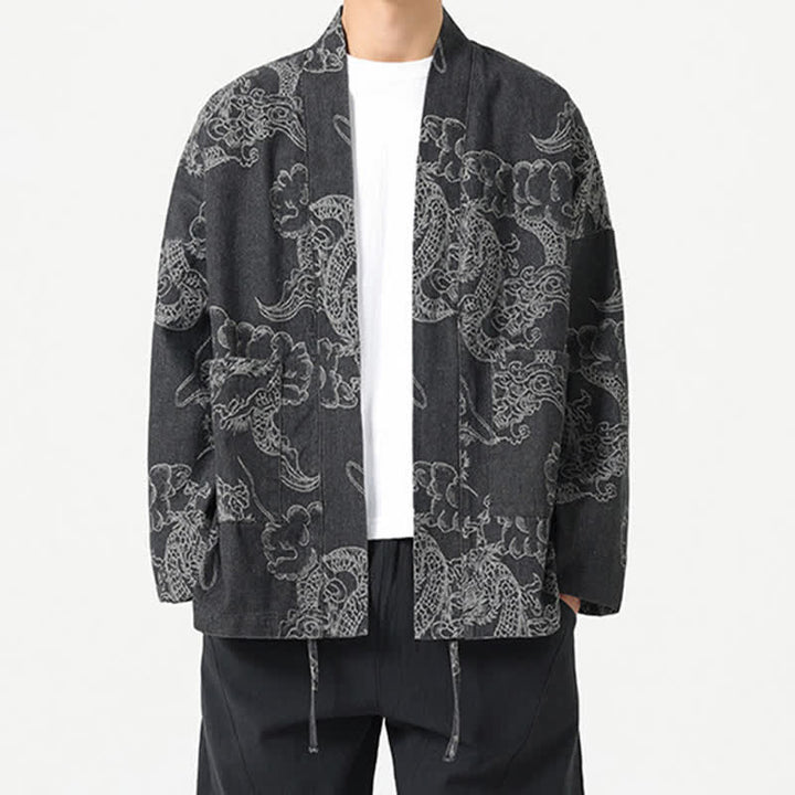 Buddha Stones Spring Vintage Drawstring Dragon Clouds Print Men's Kimono With Pockets - image 14