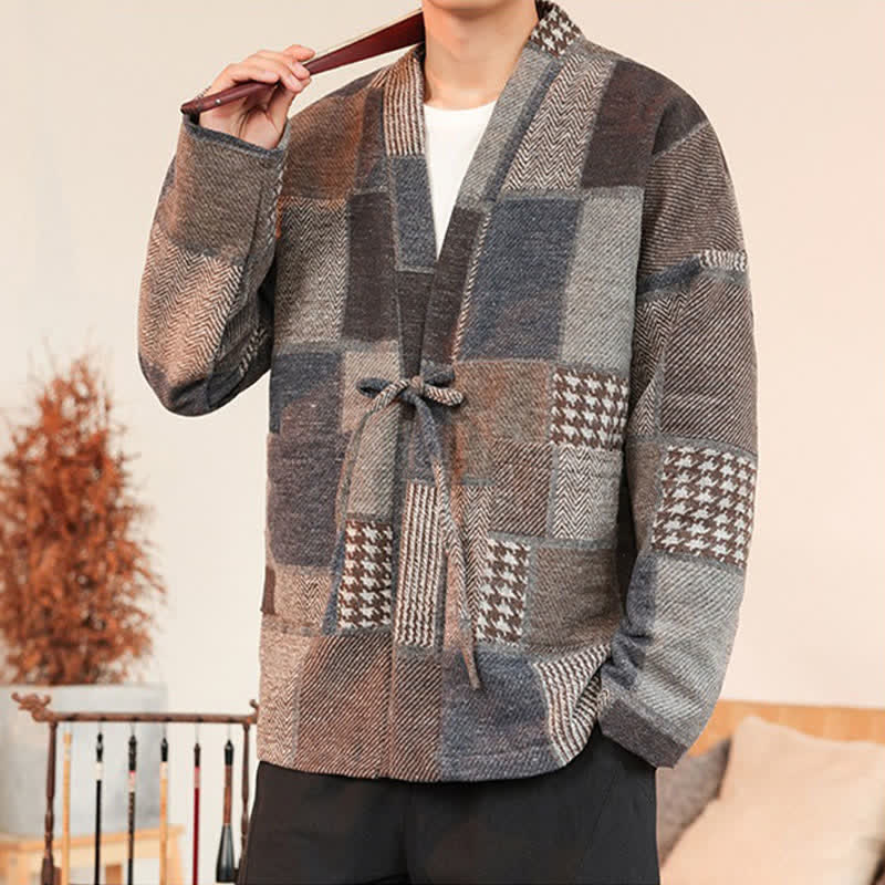 Buddha Stones Fall Winter Casual Vintage Drawstring Plaid Patchwork Men's Kimono With Pockets - Tan - US/UK/AU42，EU52 (3XL) - image 0