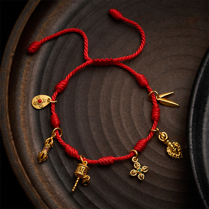 Buddha Stones Handmade Seven-Knot Red String Om Mani Padme Hum Prayer Wheel Vajra Bamboo Leaf Zakiram Luck Bracelet - Red(Wrist Circumference: 5.9–7.5 in / 15–19 cm) - image 0