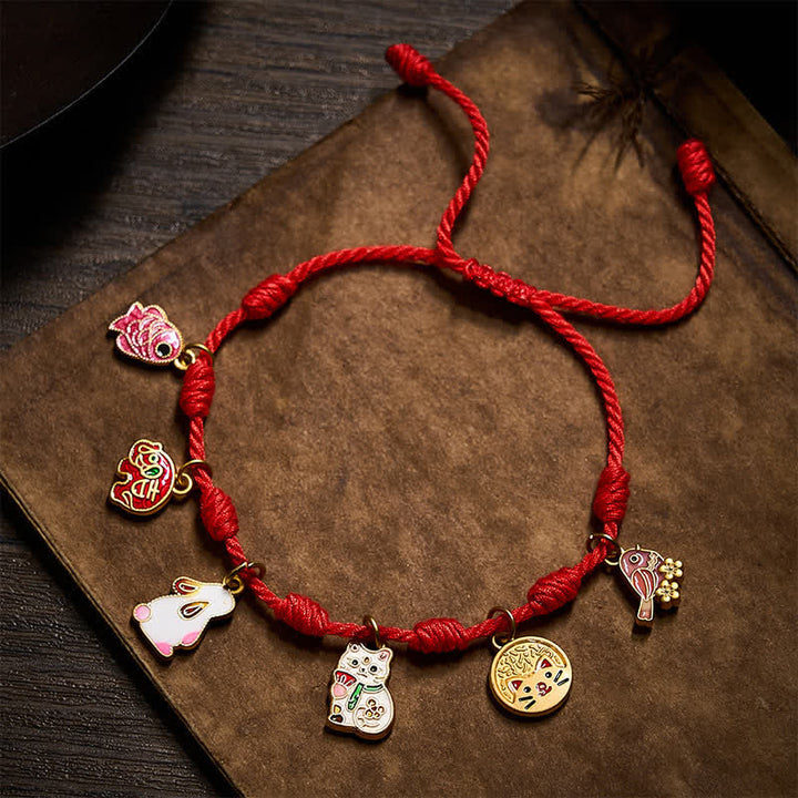 Buddha Stones Handmade Seven-Knot Red String Koi Fish Elephant Rabbit Cat Purple Magpie Luck Bracelet - image 1