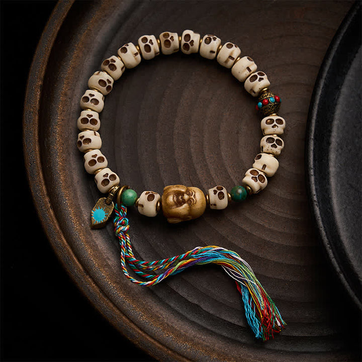 Buddha Stones Tibetan Bone Beads Lord of the Corpse Forest Skull Pattern Strength and Change Bracelet - 9 × 6.3mm - image 0