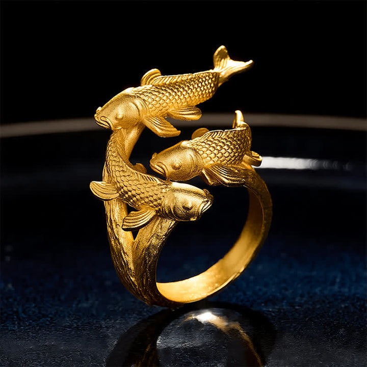 Buddha Stones Retro Alloy Three Koi Fish Wealth Open Ring - Three Koi Fish (US7) - image 0