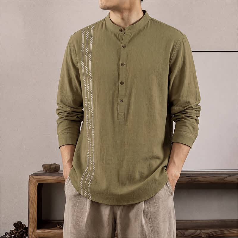 Buddha Stones Spring Summer Casual Tang Style Geometric Cotton Men's Long Sleeve Shirts - DarkKhaki - US/UK/AU40, EU50 (2XL) - image 14