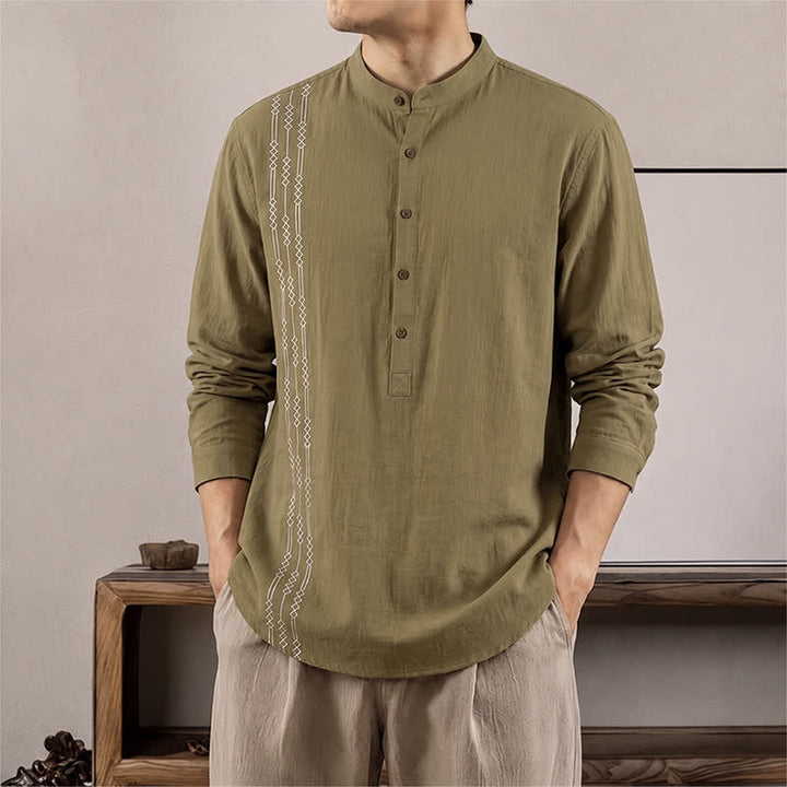 Buddha Stones Spring Summer Casual Tang Style Geometric Cotton Men's Long Sleeve Shirts - DarkKhaki - US/UK/AU40, EU50 (2XL) - image 14