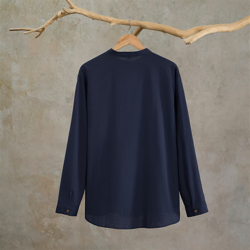 Buddha Stones Spring Summer Casual Tang Style Geometric Cotton Men's Long Sleeve Shirts - image 2