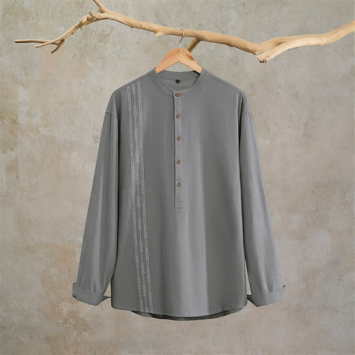Buddha Stones Spring Summer Casual Tang Style Geometric Cotton Men's Long Sleeve Shirts - image 8