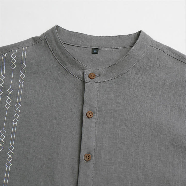 Buddha Stones Spring Summer Casual Tang Style Geometric Cotton Men's Long Sleeve Shirts - image 10