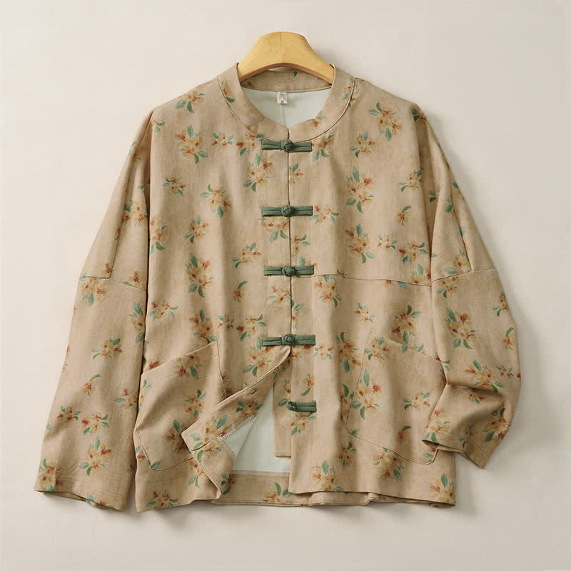 Buddha Stones Fall Vintage Tang Style Frog Button Floral Women's Jacket With Pockets - Tan - US14, UK/AU18, EU46 (2XL) - image 0