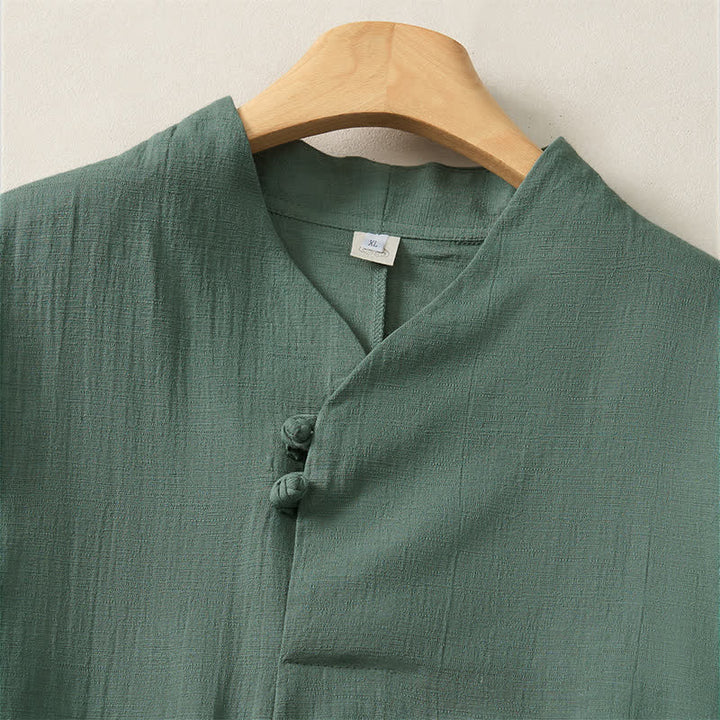 Buddha Stones Spring Fall Casual Tang Style Mandarin Collar Solid Cotton Men's Long Sleeve Shirts - image 4