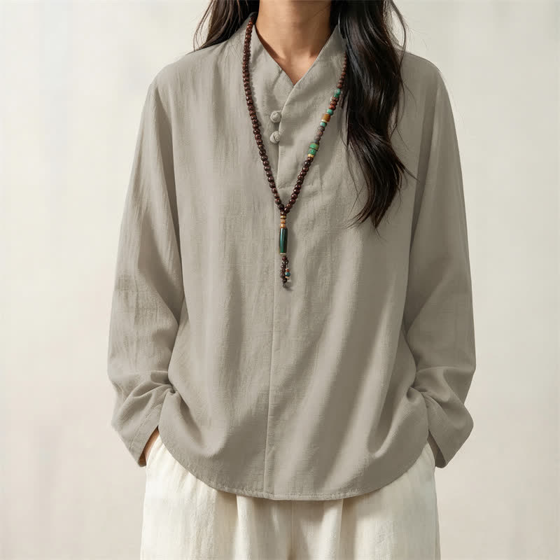 Buddha Stones Spring Fall Casual Tang Style Mandarin Collar Solid Cotton Women's Long Sleeve Shirts - image 11