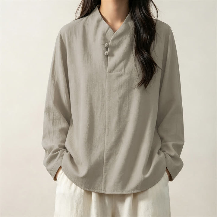 Buddha Stones Spring Fall Casual Tang Style Mandarin Collar Solid Cotton Women's Long Sleeve Shirts - image 10
