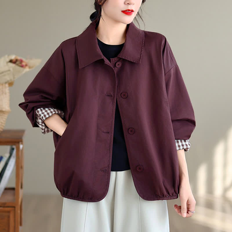 Buddha Stones Fall Casual Vintage Button-Up Solid Checkered Pattern Women's Jacket With Pockets - image 12