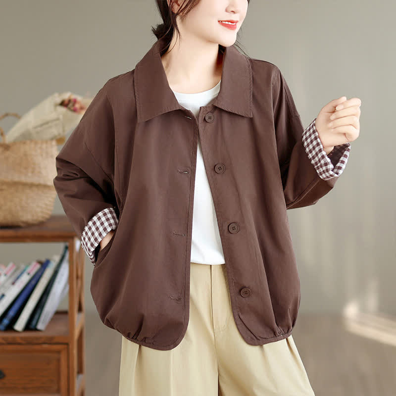 Buddha Stones Fall Casual Vintage Button-Up Solid Checkered Pattern Women's Jacket With Pockets - image 1