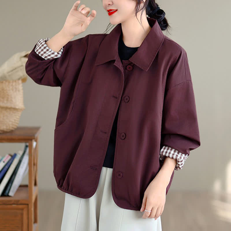Buddha Stones Fall Casual Vintage Button-Up Solid Checkered Pattern Women's Jacket With Pockets - image 15
