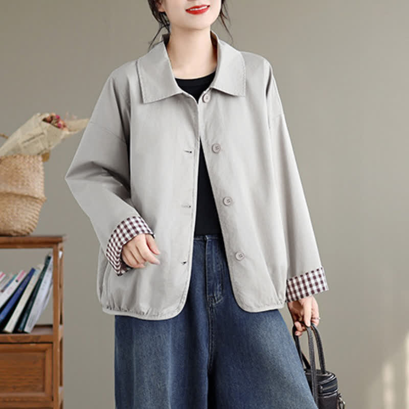 Buddha Stones Fall Casual Vintage Button-Up Solid Checkered Pattern Women's Jacket With Pockets - image 23