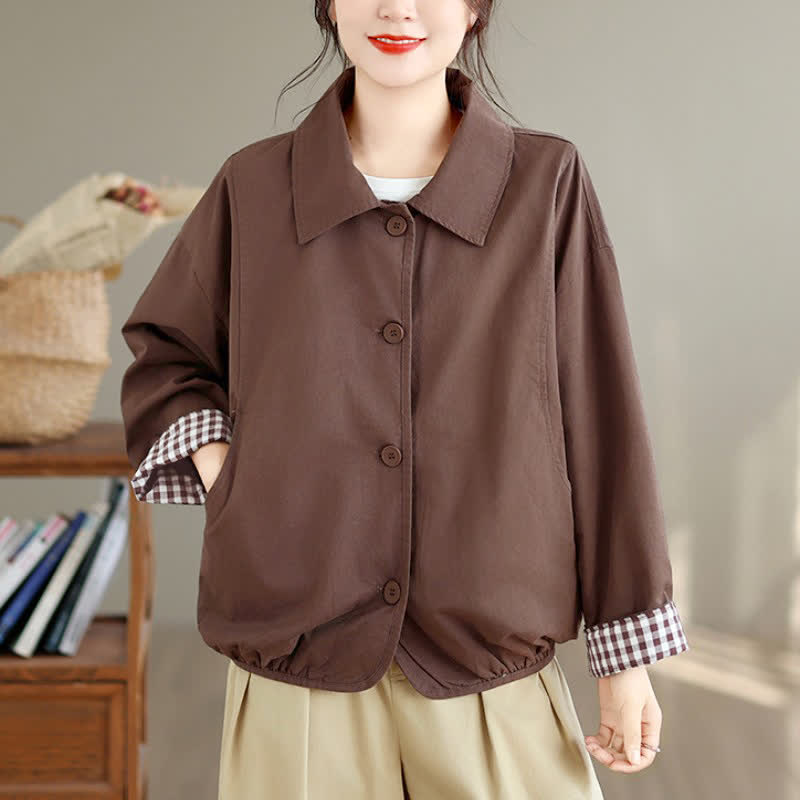 Buddha Stones Fall Casual Vintage Button-Up Solid Checkered Pattern Women's Jacket With Pockets - image 4