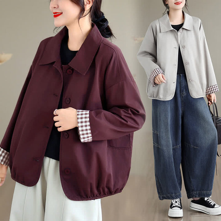 Buddha Stones Fall Casual Vintage Button-Up Solid Checkered Pattern Women's Jacket With Pockets - image 20