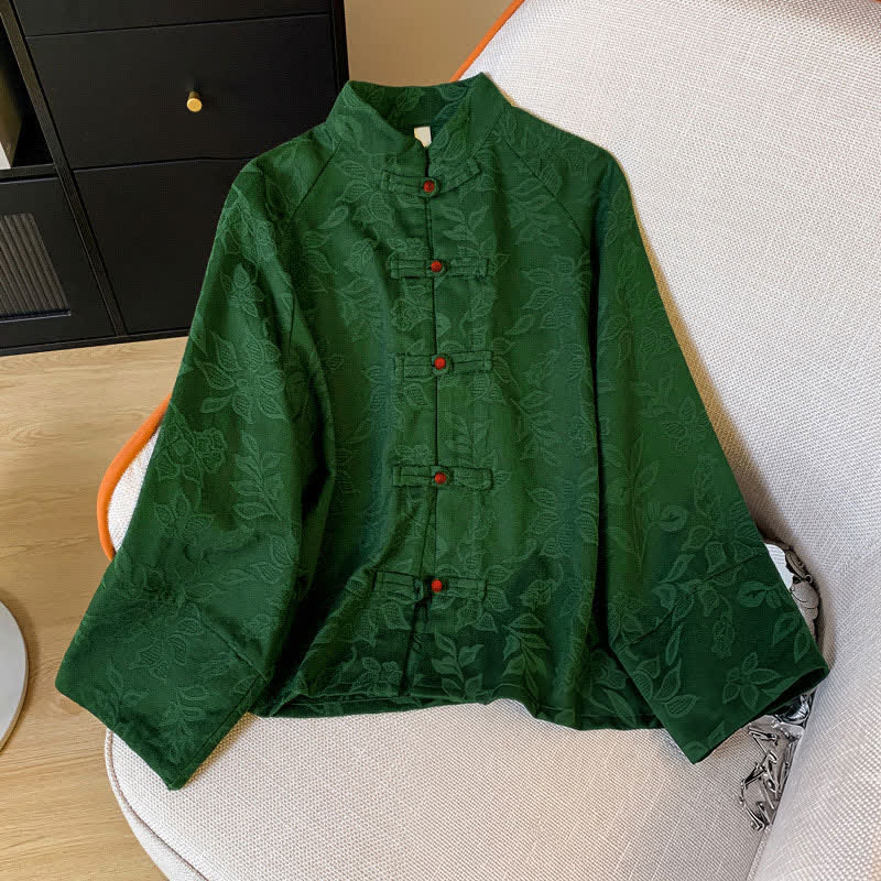 Buddha Stones Fall Vintage Tang Style Frog Button Floral Leaves Cotton Cropped Women's Long Sleeve Shirts - ForestGreen - US12, UK/AU16, EU44 (2XL) - image 0