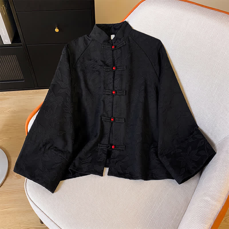 Buddha Stones Fall Vintage Tang Style Frog Button Floral Leaves Cotton Cropped Women's Long Sleeve Shirts - Black - US12, UK/AU16, EU44 (2XL) - image 9