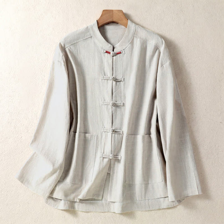 Buddha Stones Fall Vintage Tang Style Frog Button Mandarin Collar Solid Women's Long Sleeve Shirts With Pockets - Beige - US8-10, UK/AU12-14, EU40-42 (2XL) - image 6