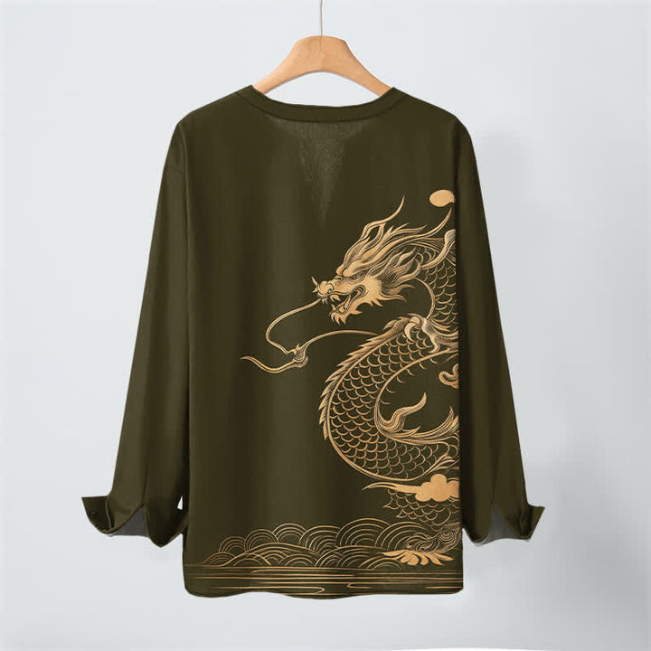 Buddha Stones Cotton Golden Dragon Wave Pattern V-Neck Buttons Men's Long Sleeve Shirts - image 3