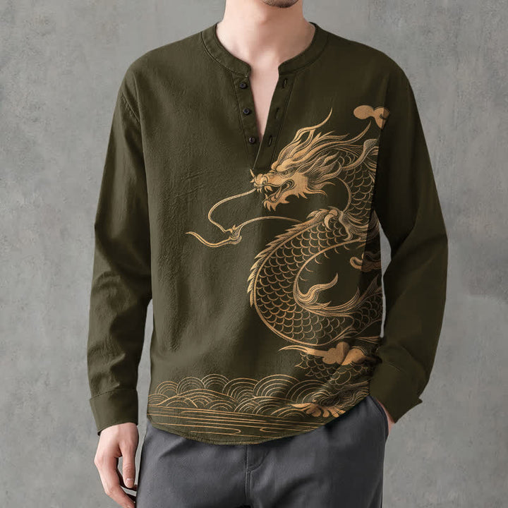 Buddha Stones Cotton Golden Dragon Wave Pattern V-Neck Buttons Men's Long Sleeve Shirts - DarkOliveGreen - US/UK/AU48，EU58 (4XL) - image 0