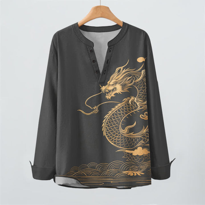 Buddha Stones Cotton Golden Dragon Wave Pattern V-Neck Buttons Men's Long Sleeve Shirts - image 9