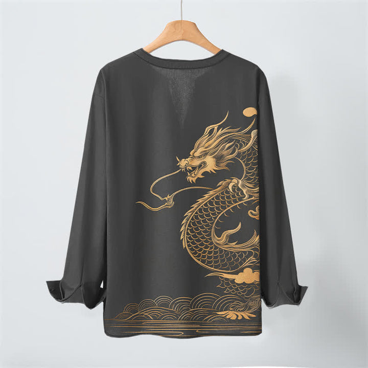 Buddha Stones Cotton Golden Dragon Wave Pattern V-Neck Buttons Men's Long Sleeve Shirts - image 10