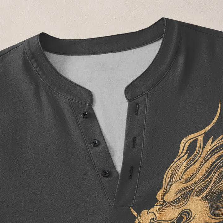Buddha Stones Cotton Golden Dragon Wave Pattern V-Neck Buttons Men's Long Sleeve Shirts - image 11