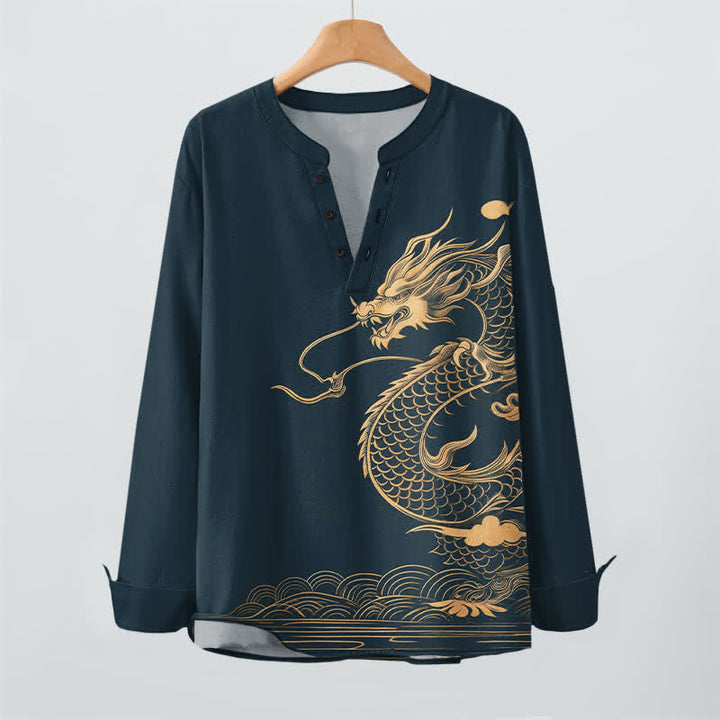 Buddha Stones Cotton Golden Dragon Wave Pattern V-Neck Buttons Men's Long Sleeve Shirts - image 16