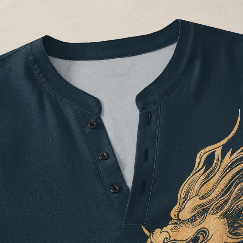 Buddha Stones Cotton Golden Dragon Wave Pattern V-Neck Buttons Men's Long Sleeve Shirts - image 18