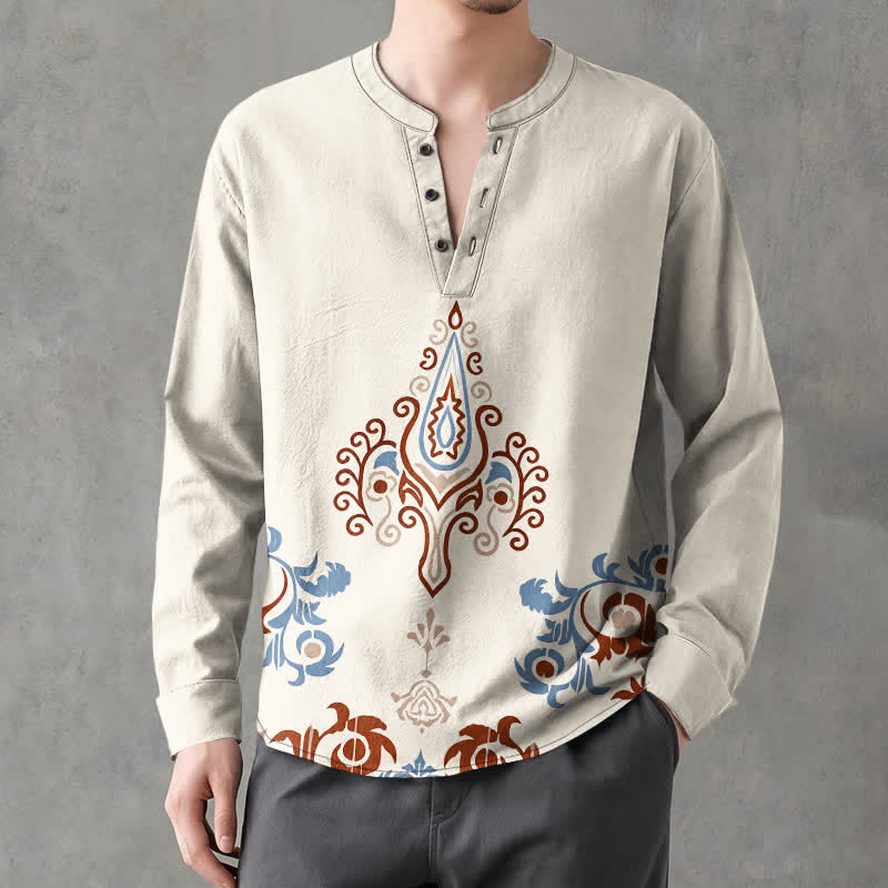Buddha Stones Cotton Tribal Multicolored Geometric Pattern V-Neck Buttons Men's Long Sleeve Shirts - Linen - US/UK/AU48，EU58 (4XL) - image 0