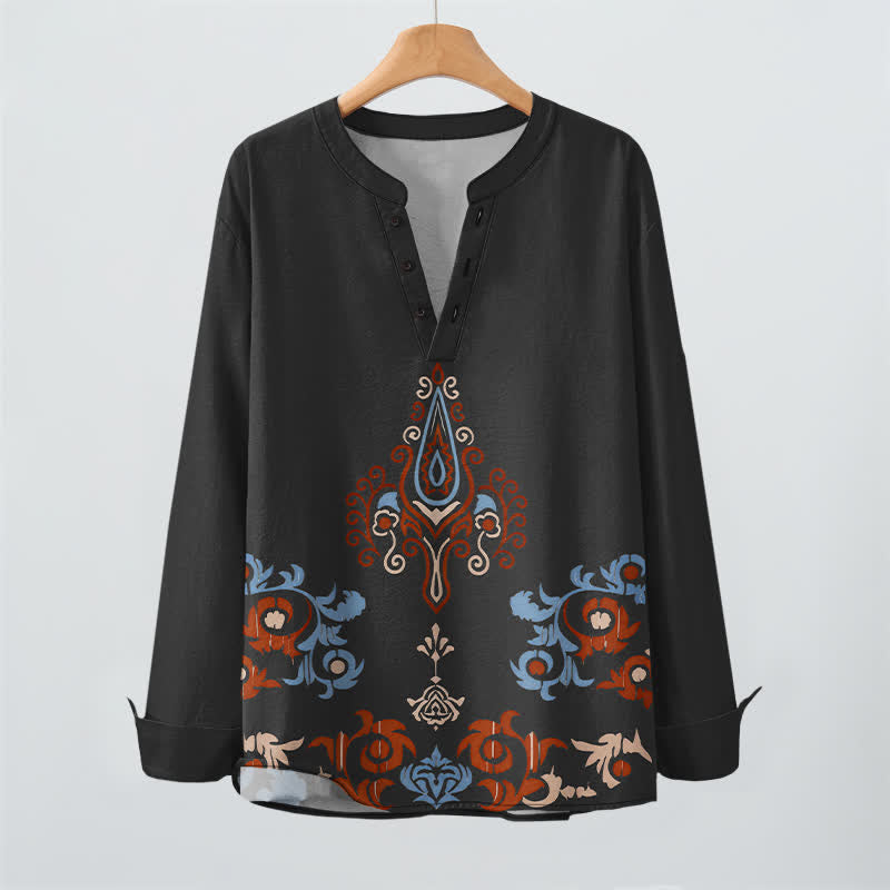 Buddha Stones Cotton Tribal Multicolored Geometric Pattern V-Neck Buttons Men's Long Sleeve Shirts - image 9