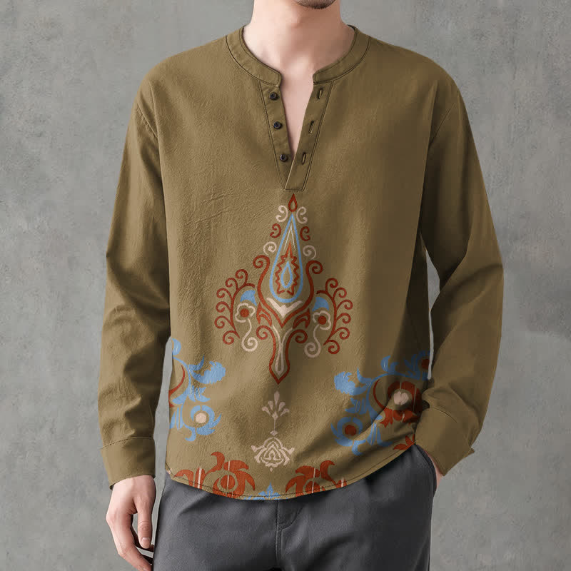 Buddha Stones Cotton Tribal Multicolored Geometric Pattern V-Neck Buttons Men's Long Sleeve Shirts - Olive - US/UK/AU48，EU58 (4XL) - image 14
