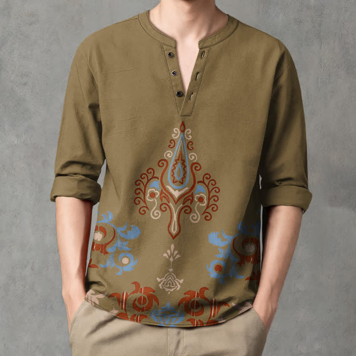 Buddha Stones Cotton Tribal Multicolored Geometric Pattern V-Neck Buttons Men's Long Sleeve Shirts - image 15
