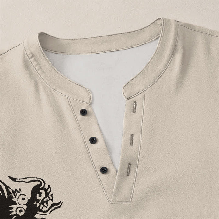 Buddha Stones Cotton Dragon Seal Pattern V-Neck Buttons Men's Long Sleeve Shirts - image 4