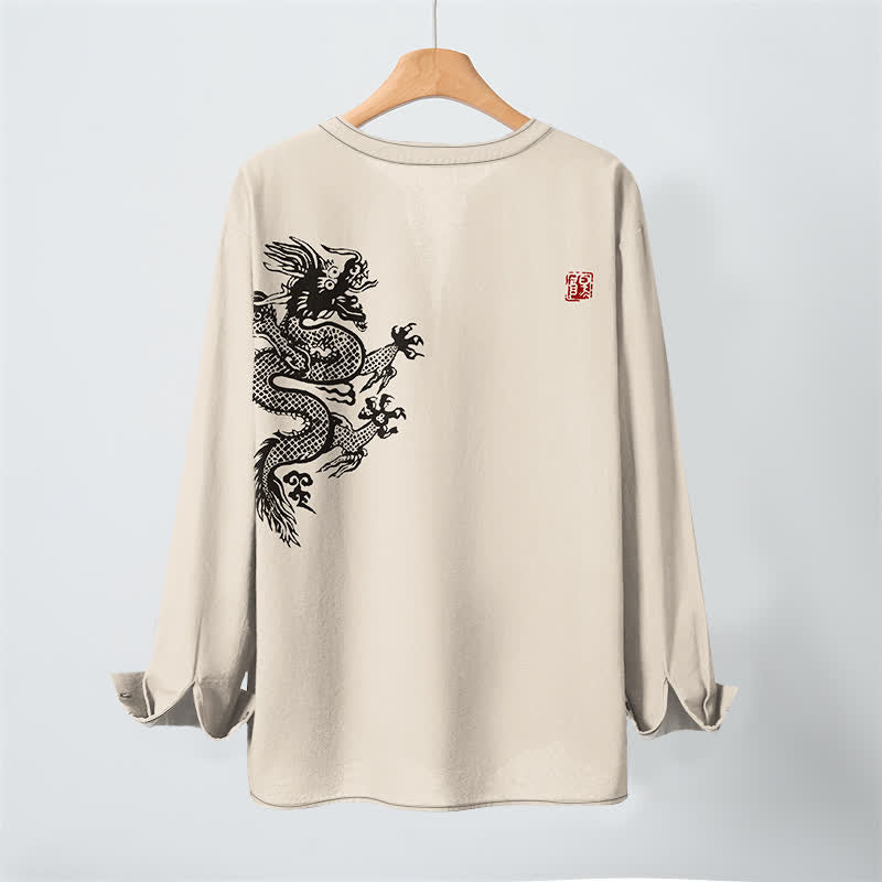 Buddha Stones Cotton Dragon Seal Pattern V-Neck Buttons Men's Long Sleeve Shirts - image 3