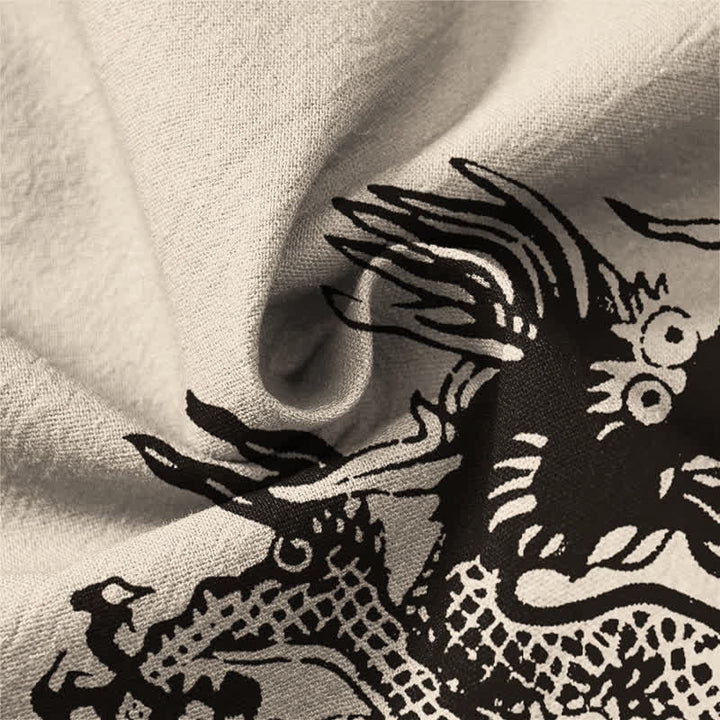 Buddha Stones Cotton Dragon Seal Pattern V-Neck Buttons Men's Long Sleeve Shirts - image 6