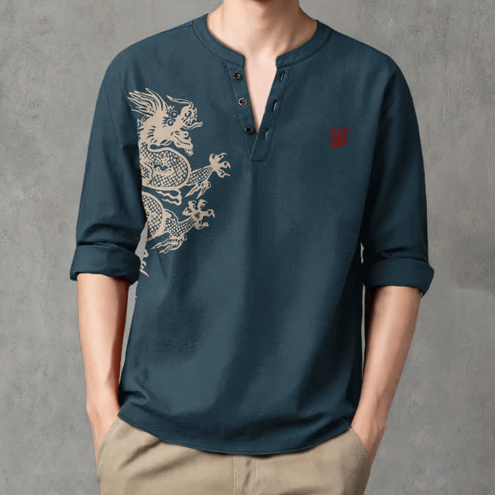 Buddha Stones Cotton Dragon Seal Pattern V-Neck Buttons Men's Long Sleeve Shirts - SteelBlue - US/UK/AU48，EU58 (4XL) - image 7